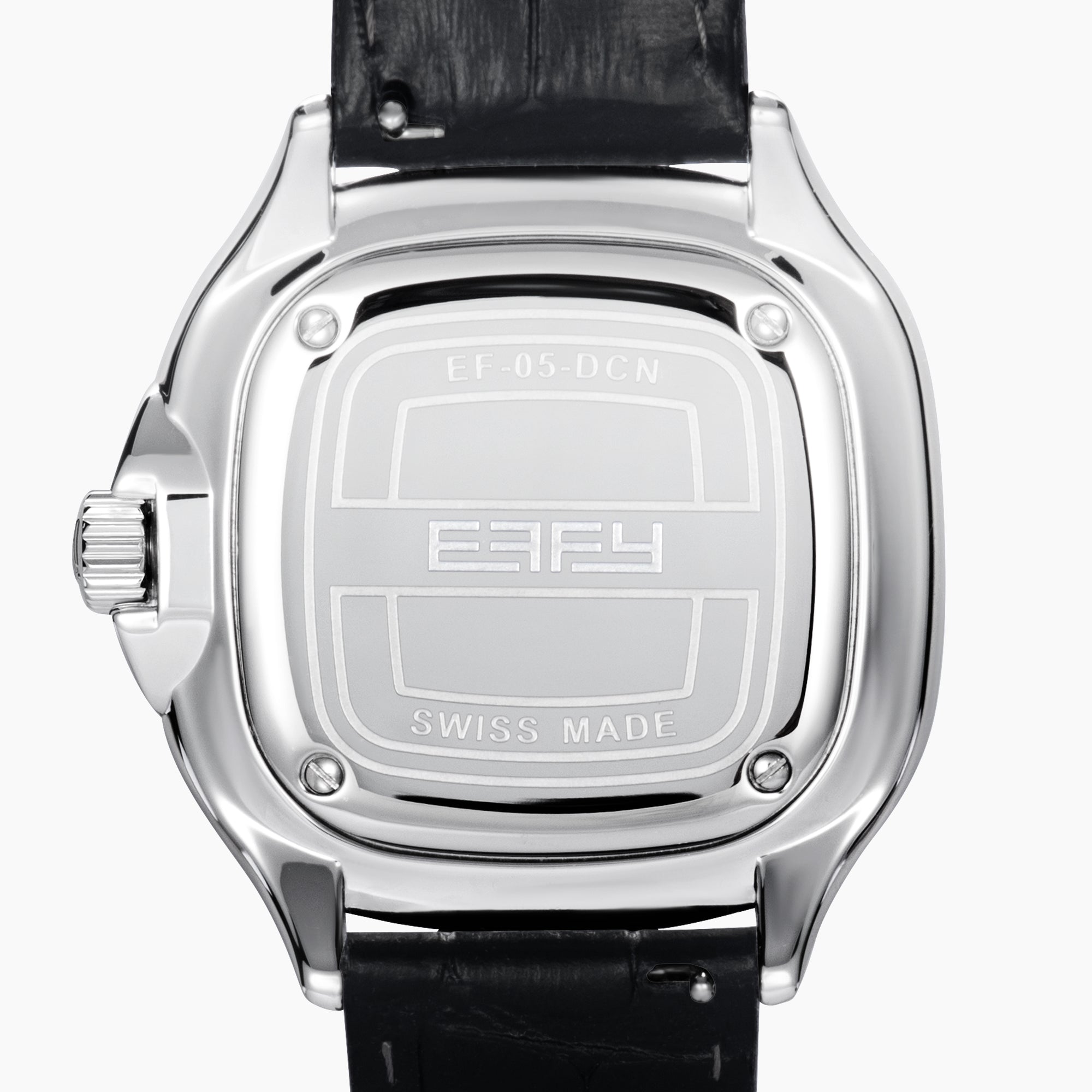 The 39MM Swiss Made Stainless Steel Watch with Diamonds and Black Spinel features a black leather strap, diamond-studded bezel, silver textured dial with blue accents, and bold black hands, shown on a white background.