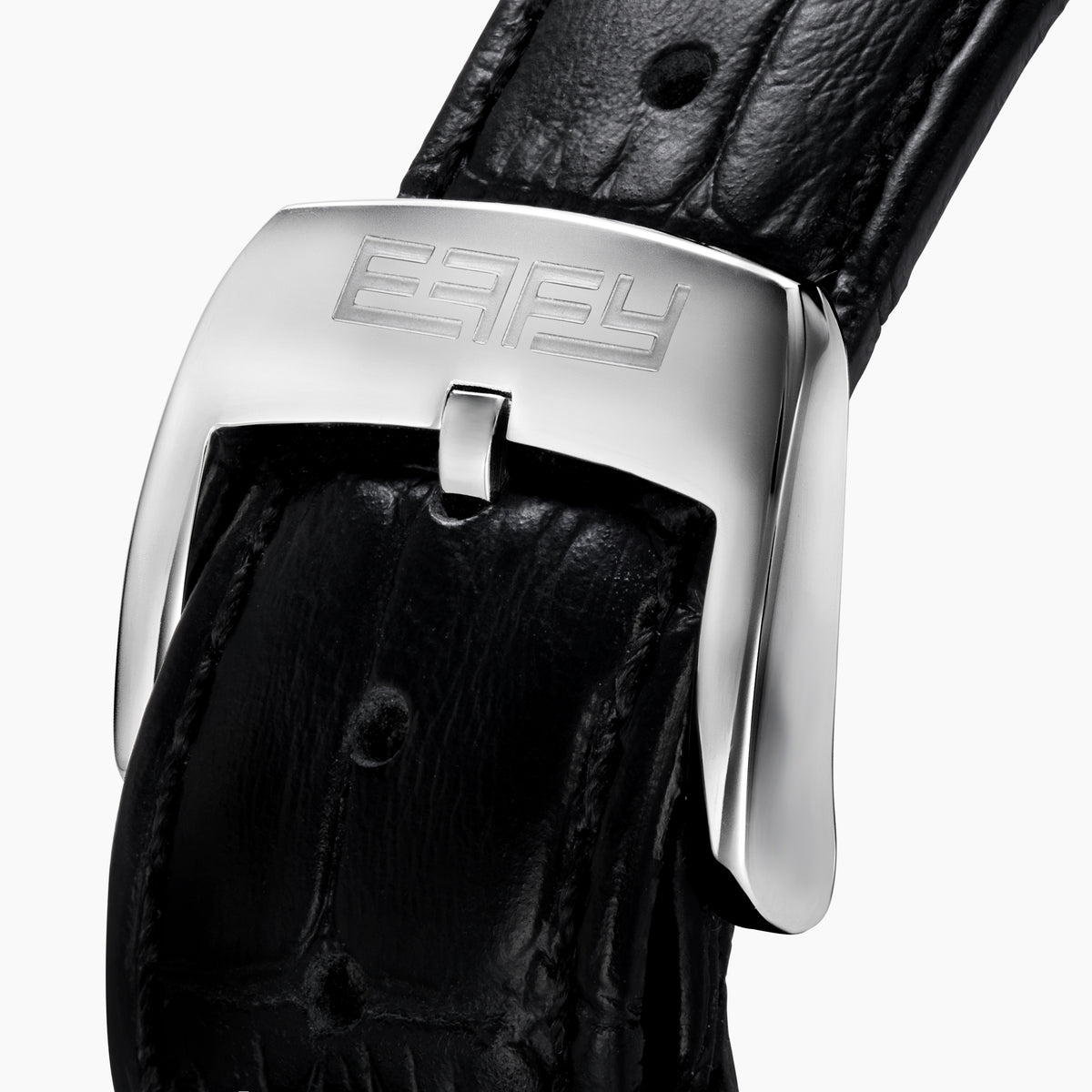 The 39MM Swiss Made Stainless Steel Watch with Diamonds and Black Spinel features a black leather strap, diamond-studded bezel, silver textured dial with blue accents, and bold black hands, shown on a white background.