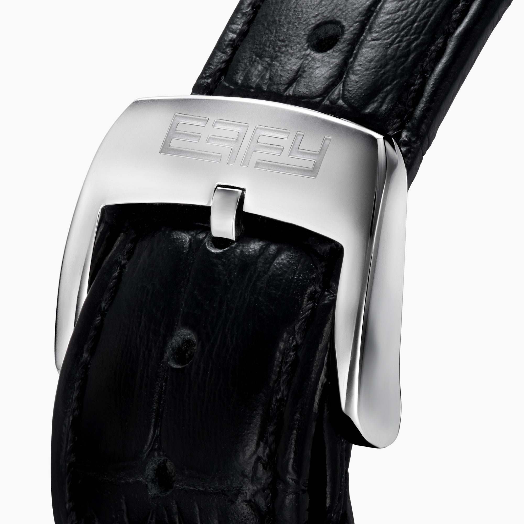 The 39MM Swiss Made Stainless Steel Watch with Diamonds and Black Spinel features a black leather strap, diamond-studded bezel, silver textured dial with blue accents, and bold black hands, shown on a white background.