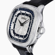 The 39MM Swiss Made Stainless Steel Watch with Diamonds and Black Spinel features a black leather strap, diamond-studded bezel, silver textured dial with blue accents, and bold black hands, shown on a white background.