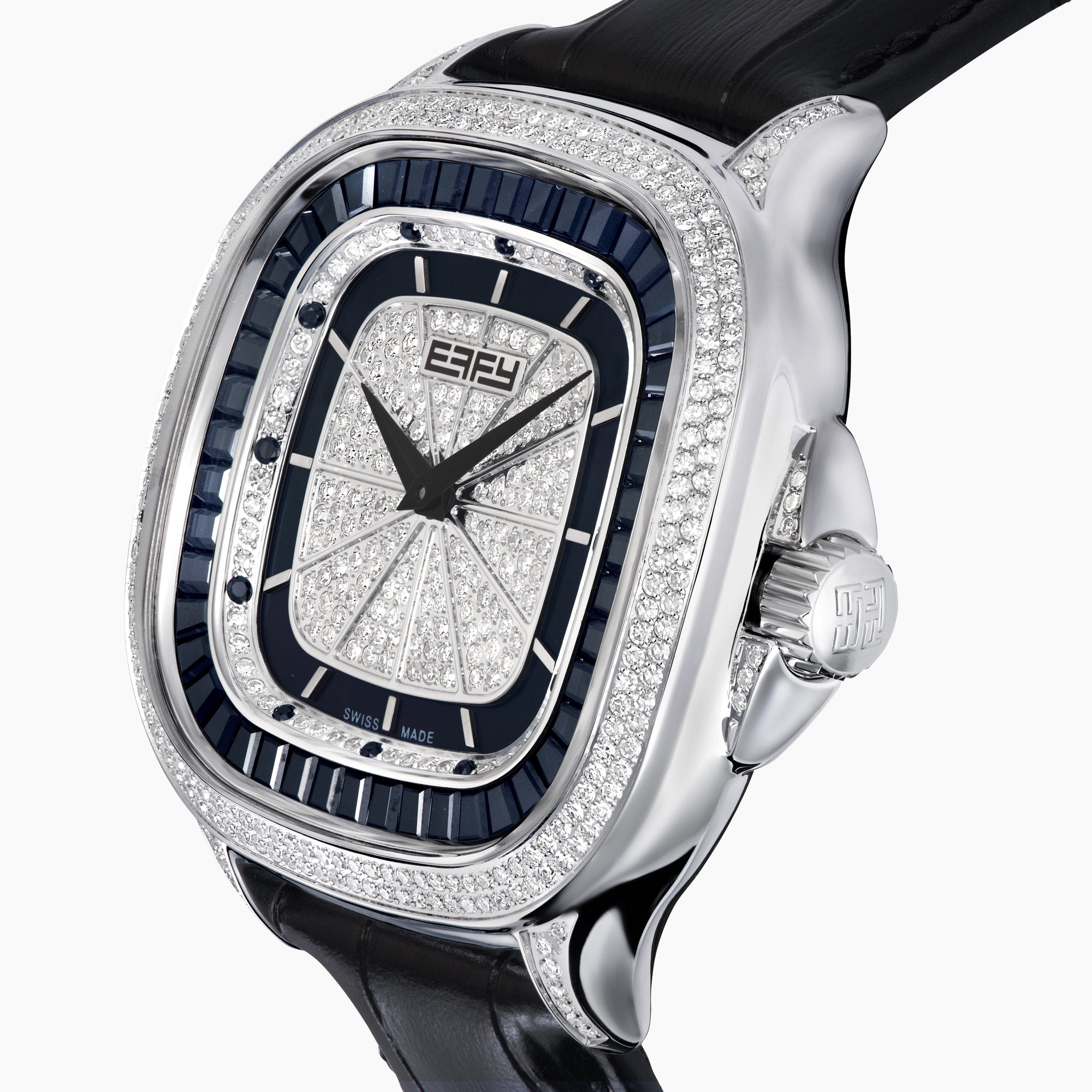 The 39MM Swiss Made Stainless Steel Watch with Diamonds and Black Spinel features a black leather strap, diamond-studded bezel, silver textured dial with blue accents, and bold black hands, shown on a white background.