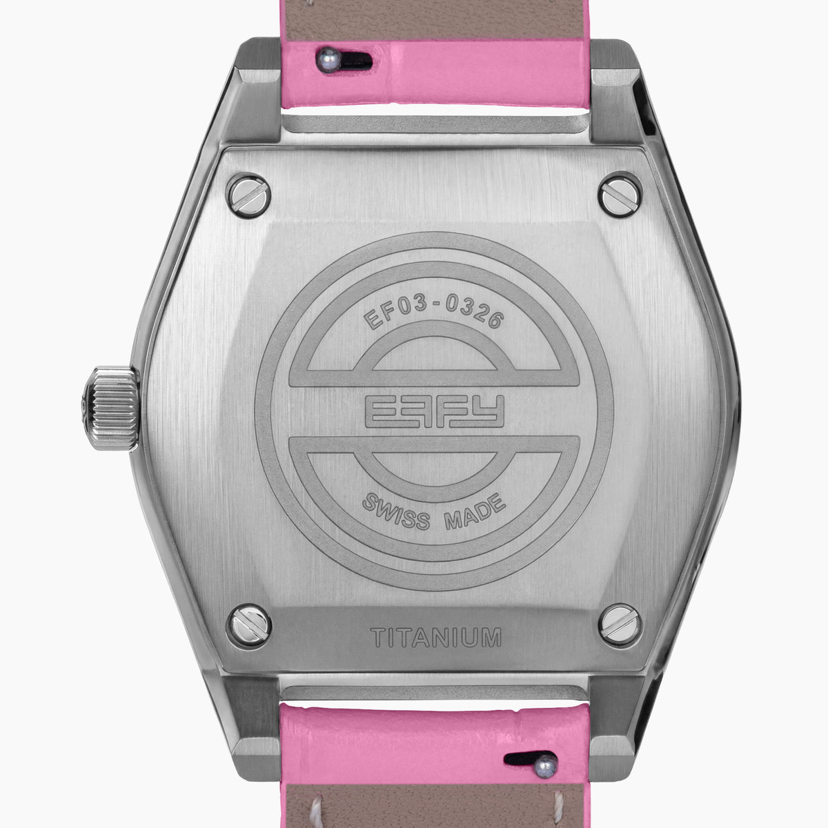 The 36MM Pink Swiss Made Titanium Watch with Diamonds features a faceted silver titanium case, a pink dial adorned with diamond hour markers, and a pink leather strap, elegantly displayed on a white background.