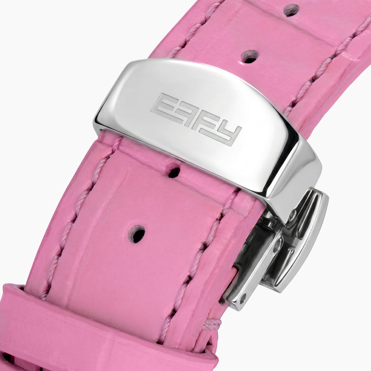 The 36MM Pink Swiss Made Titanium Watch with Diamonds features a faceted silver titanium case, a pink dial adorned with diamond hour markers, and a pink leather strap, elegantly displayed on a white background.