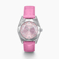 The 36MM Pink Swiss Made Titanium Watch with Diamonds features a faceted silver titanium case, a pink dial adorned with diamond hour markers, and a pink leather strap, elegantly displayed on a white background.