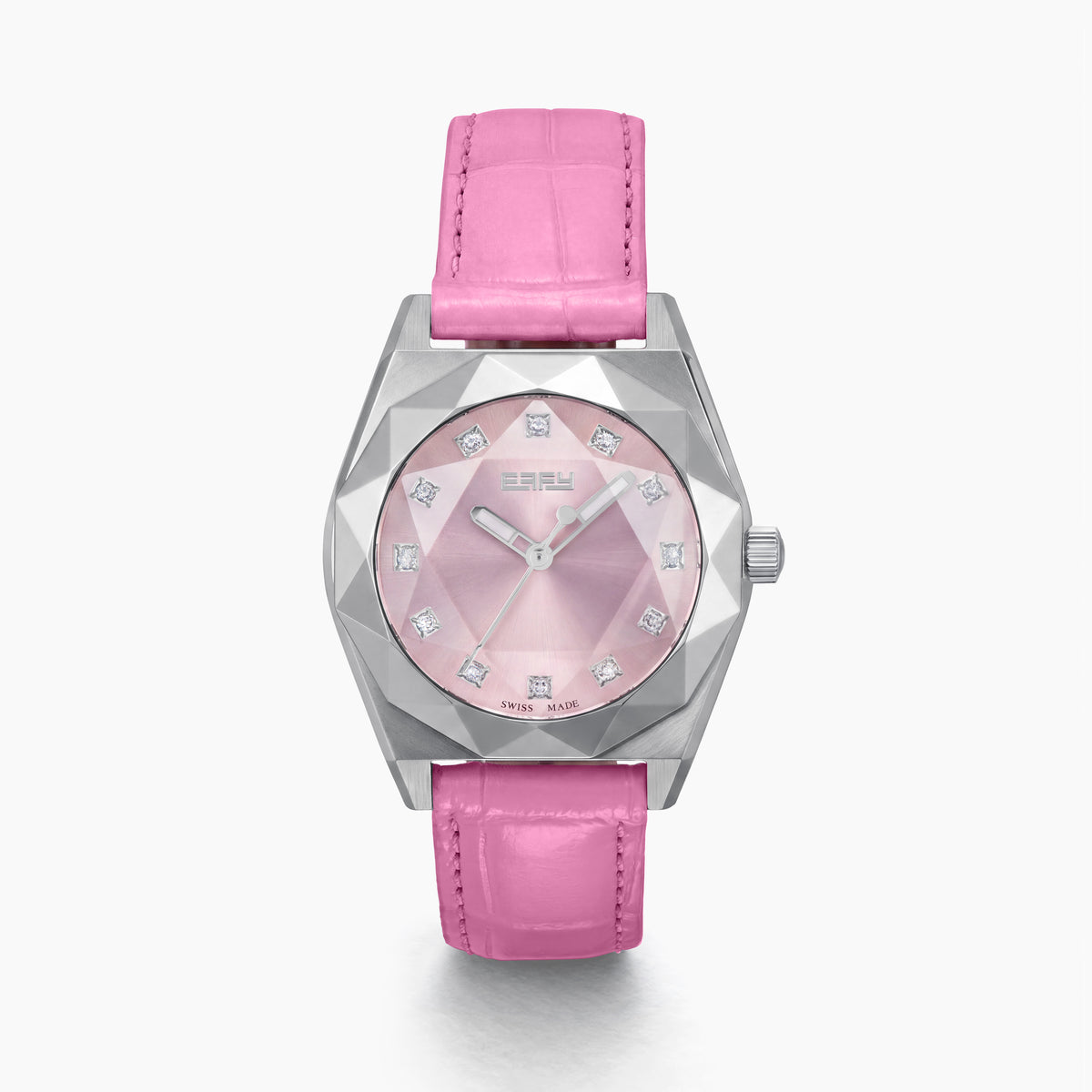 The 36MM Pink Swiss Made Titanium Watch with Diamonds features a faceted silver titanium case, a pink dial adorned with diamond hour markers, and a pink leather strap, elegantly displayed on a white background.
