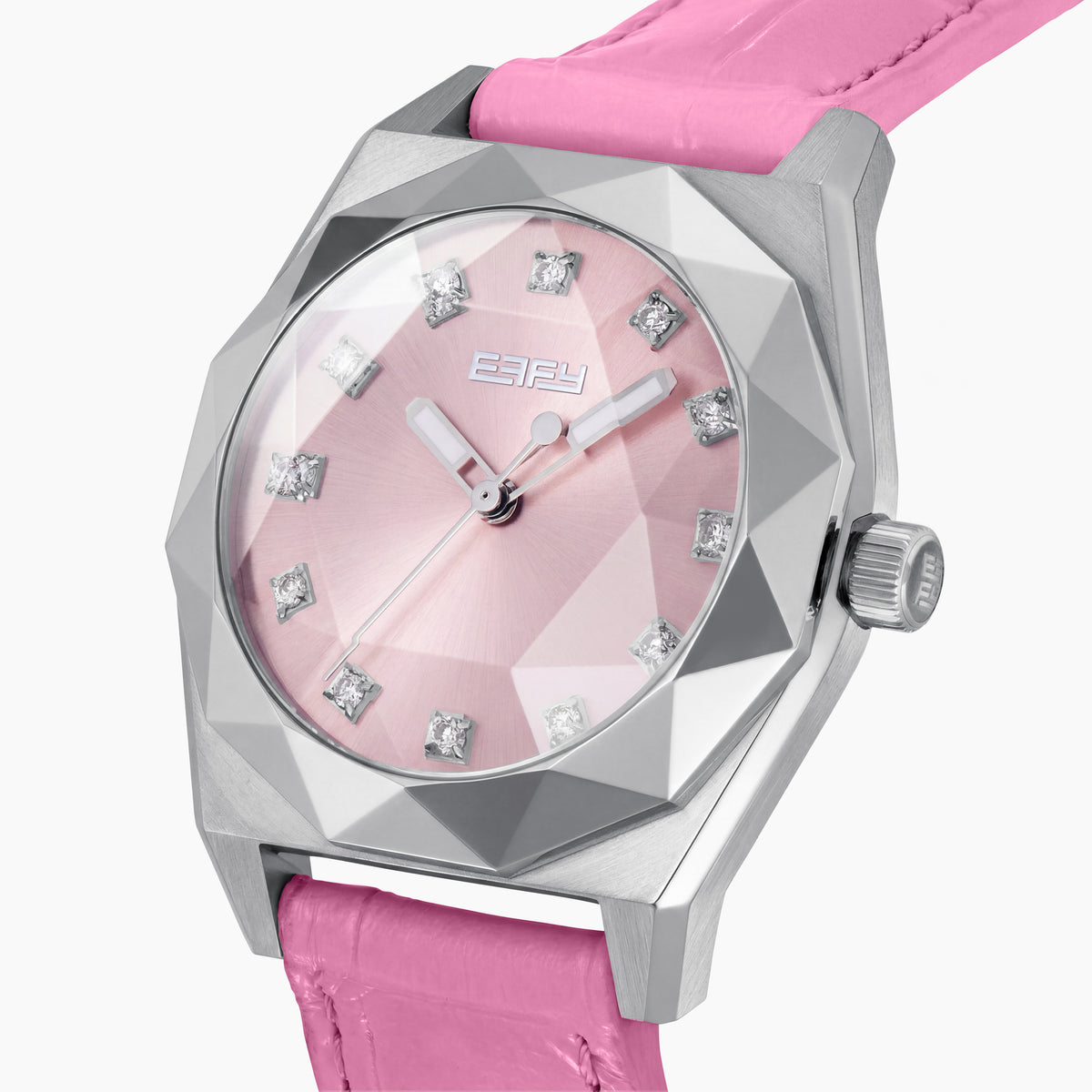 The 36MM Pink Swiss Made Titanium Watch with Diamonds features a faceted silver titanium case, a pink dial adorned with diamond hour markers, and a pink leather strap, elegantly displayed on a white background.
