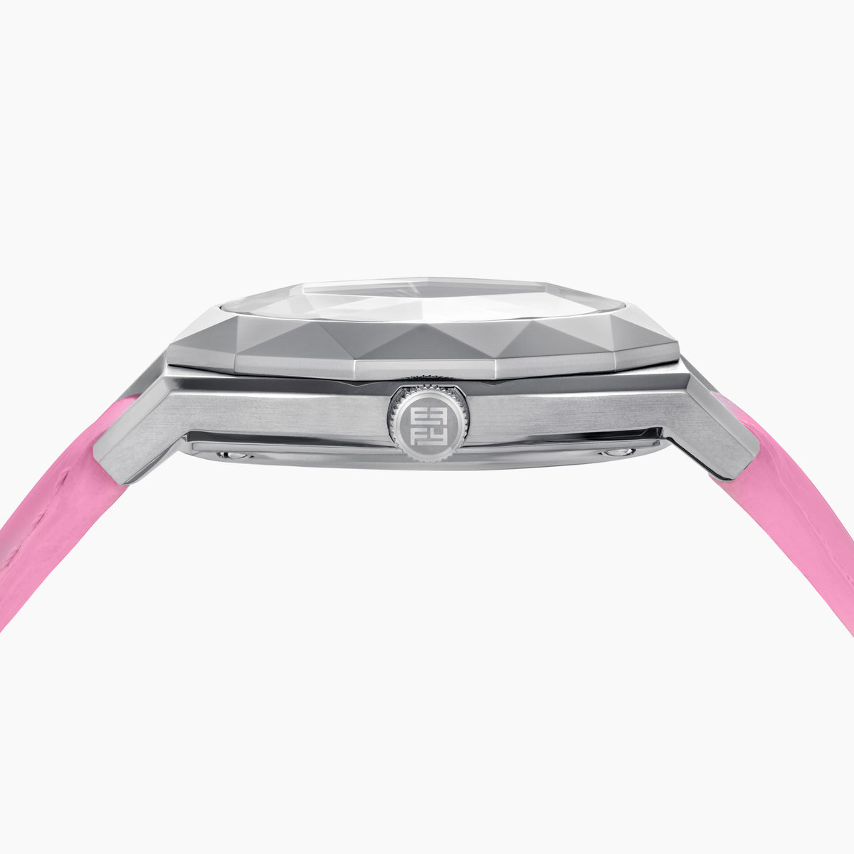 The 36MM Pink Swiss Made Titanium Watch with Diamonds features a faceted silver titanium case, a pink dial adorned with diamond hour markers, and a pink leather strap, elegantly displayed on a white background.