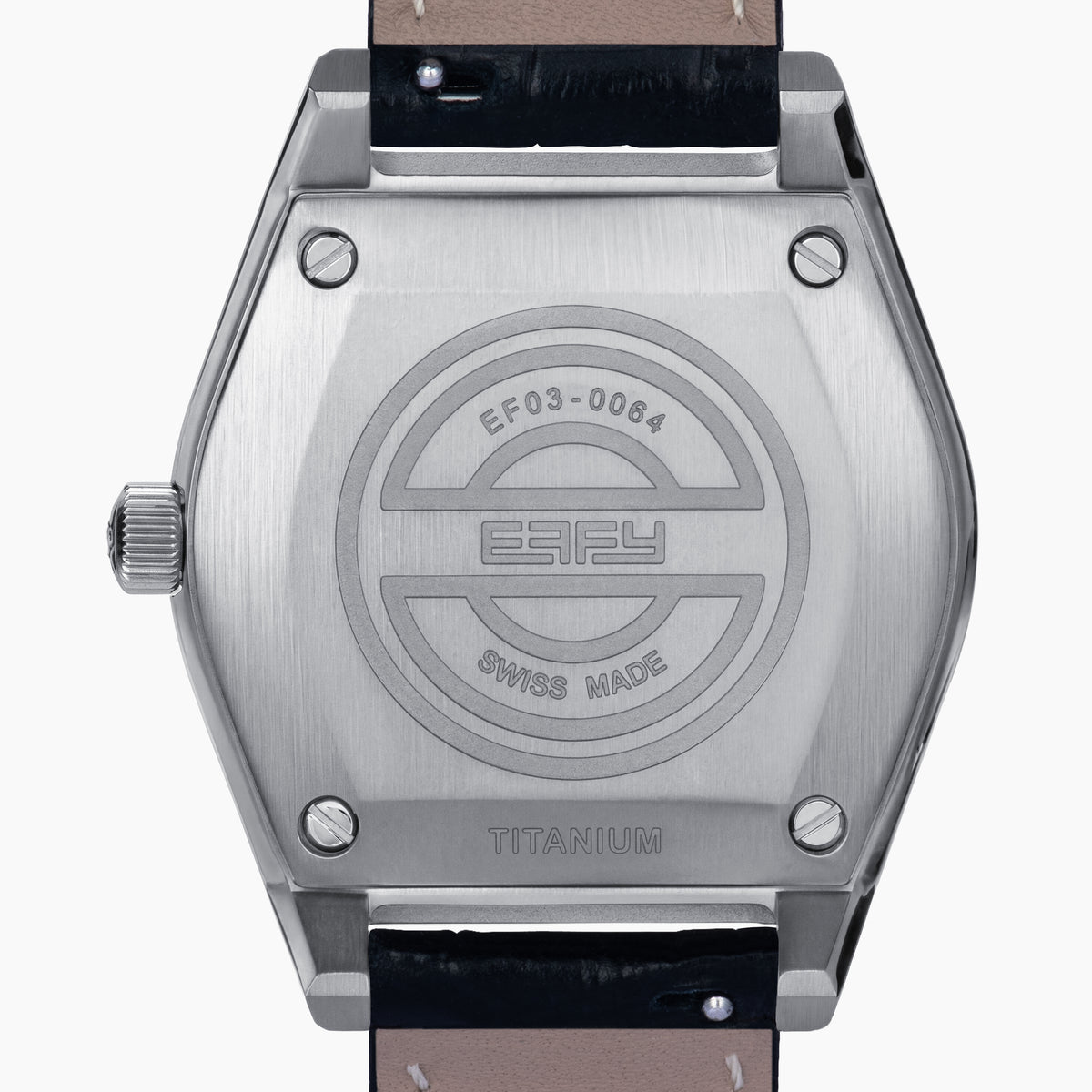 The 36MM Black Dial Swiss Made Titanium Watch with Diamonds features a faceted silver titanium case, black dial adorned with diamond hour markers, and a black leather strap, showcased against a plain white background.