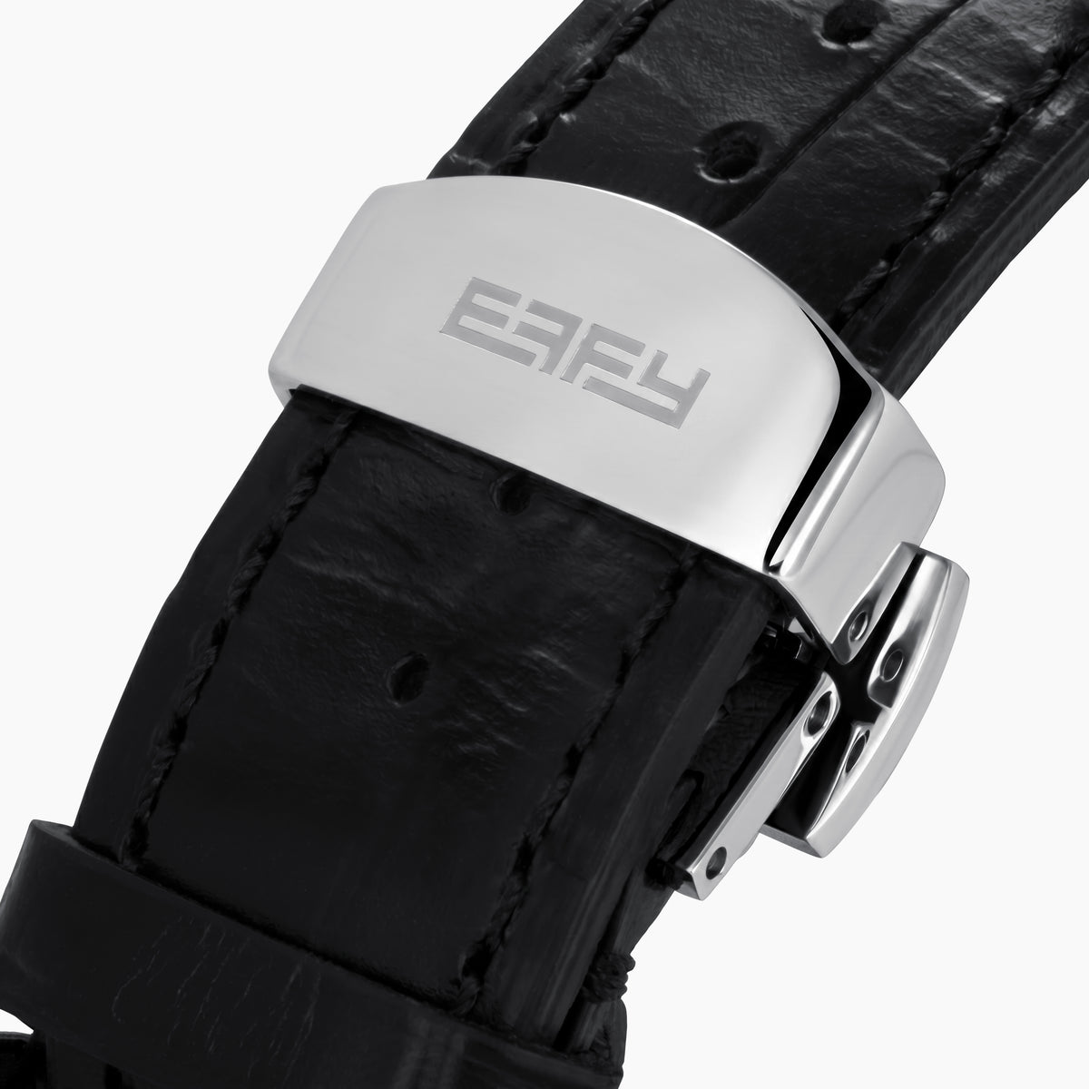 The 36MM Black Dial Swiss Made Titanium Watch with Diamonds features a faceted silver titanium case, black dial adorned with diamond hour markers, and a black leather strap, showcased against a plain white background.
