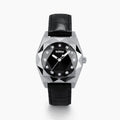 The 36MM Black Dial Swiss Made Titanium Watch with Diamonds features a faceted silver titanium case, black dial adorned with diamond hour markers, and a black leather strap, showcased against a plain white background.