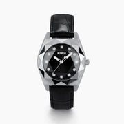 The 36MM Black Dial Swiss Made Titanium Watch with Diamonds features a faceted silver titanium case, black dial adorned with diamond hour markers, and a black leather strap, showcased against a plain white background.