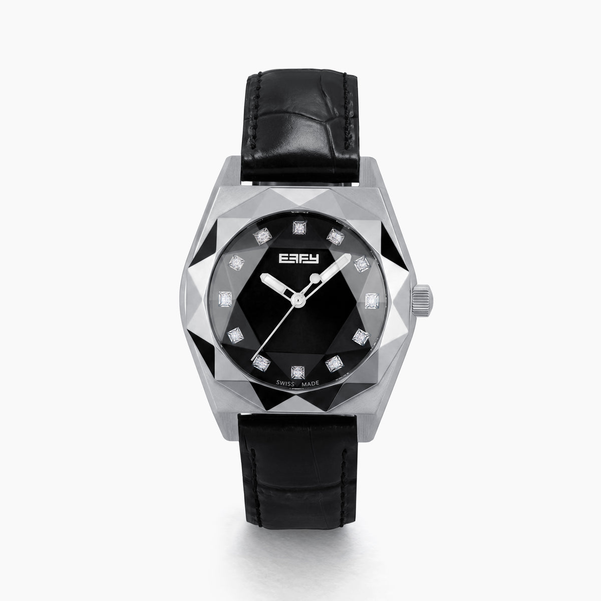 The 36MM Black Dial Swiss Made Titanium Watch with Diamonds features a faceted silver titanium case, black dial adorned with diamond hour markers, and a black leather strap, showcased against a plain white background.
