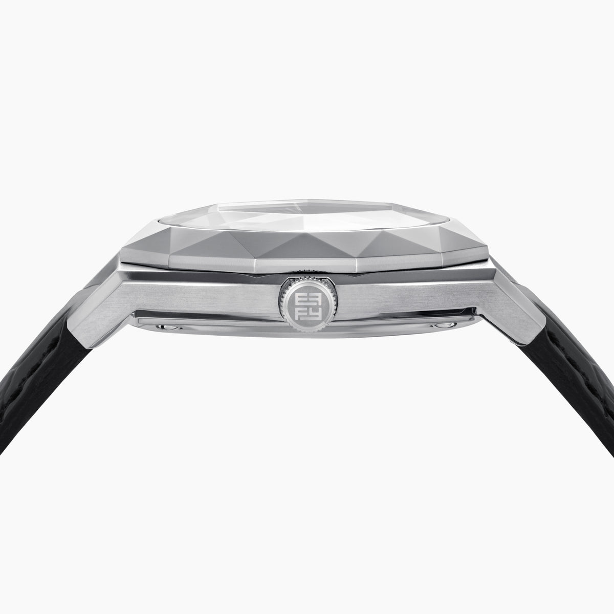 The 36MM Black Dial Swiss Made Titanium Watch with Diamonds features a faceted silver titanium case, black dial adorned with diamond hour markers, and a black leather strap, showcased against a plain white background.