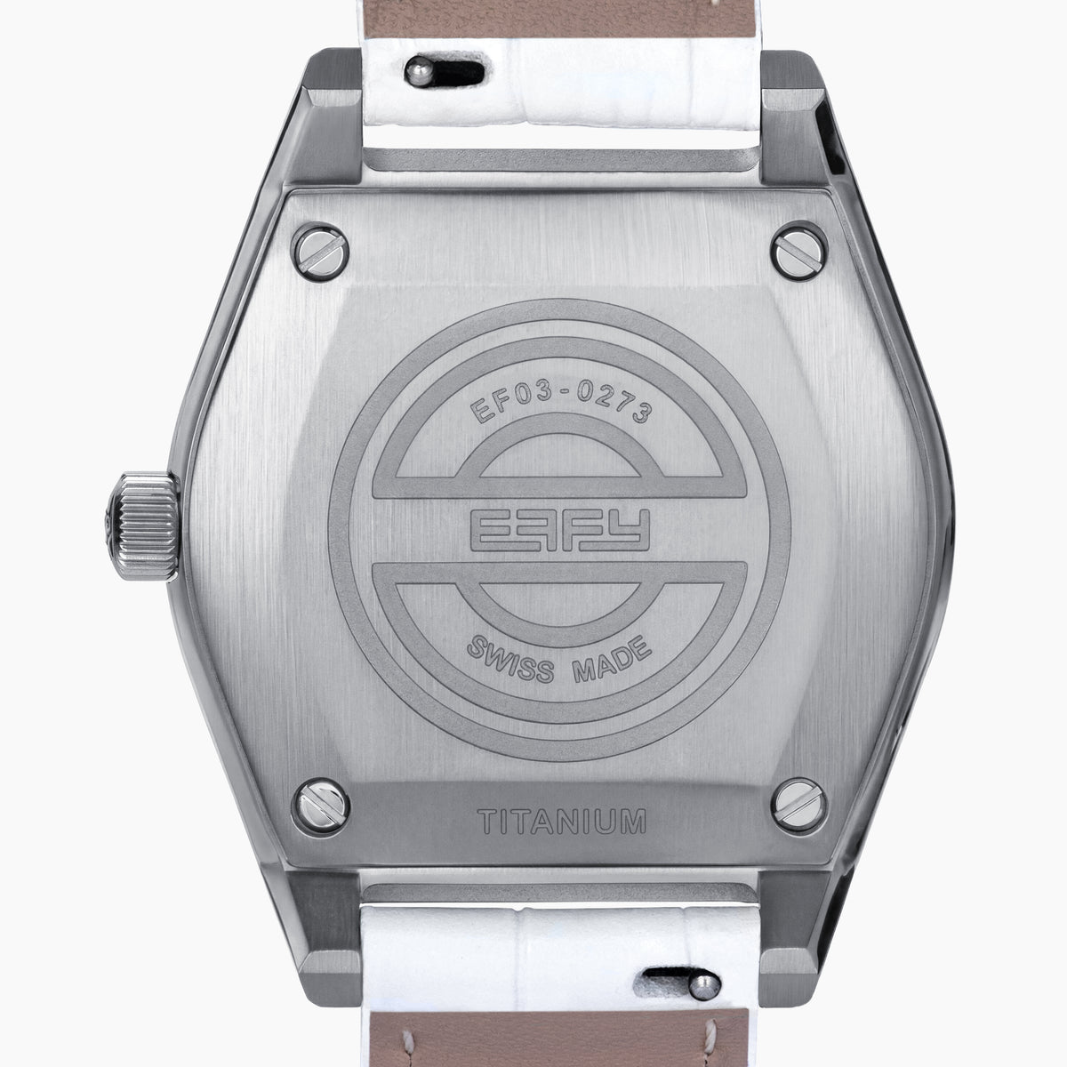 Experience the elegance of the 36MM White Dial Swiss Made Titanium Watch with Diamonds, showcasing a faceted silver titanium case, white mother-of-pearl dial adorned with sparkling diamond hour markers, and a pristine white leather strap—all beautifully presented against a plain white background.