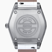 Experience the elegance of the 36MM White Dial Swiss Made Titanium Watch with Diamonds, showcasing a faceted silver titanium case, white mother-of-pearl dial adorned with sparkling diamond hour markers, and a pristine white leather strap—all beautifully presented against a plain white background.