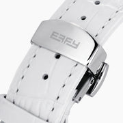 Experience the elegance of the 36MM White Dial Swiss Made Titanium Watch with Diamonds, showcasing a faceted silver titanium case, white mother-of-pearl dial adorned with sparkling diamond hour markers, and a pristine white leather strap—all beautifully presented against a plain white background.