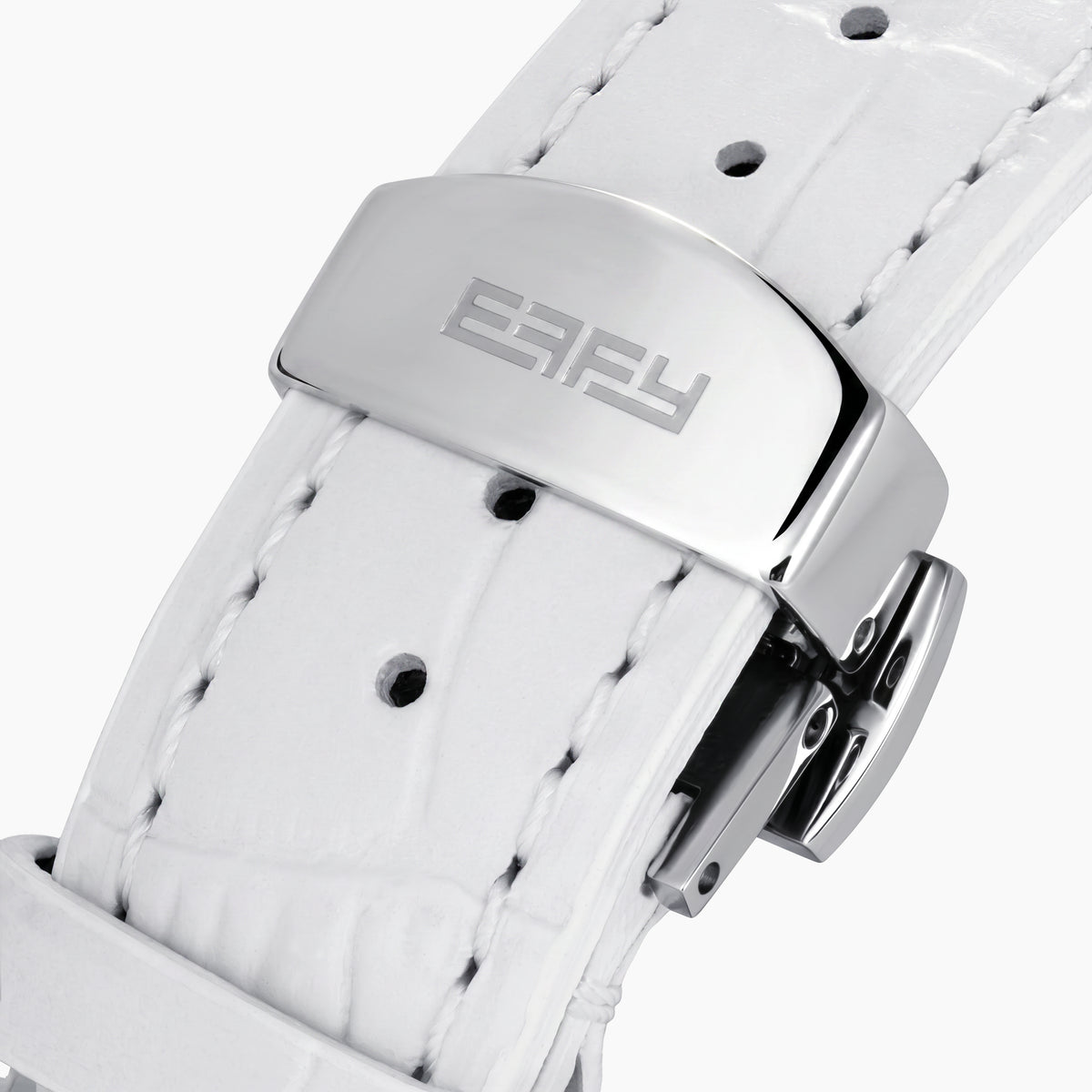 Experience the elegance of the 36MM White Dial Swiss Made Titanium Watch with Diamonds, showcasing a faceted silver titanium case, white mother-of-pearl dial adorned with sparkling diamond hour markers, and a pristine white leather strap—all beautifully presented against a plain white background.