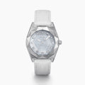 Experience the elegance of the 36MM White Dial Swiss Made Titanium Watch with Diamonds, showcasing a faceted silver titanium case, white mother-of-pearl dial adorned with sparkling diamond hour markers, and a pristine white leather strap—all beautifully presented against a plain white background.