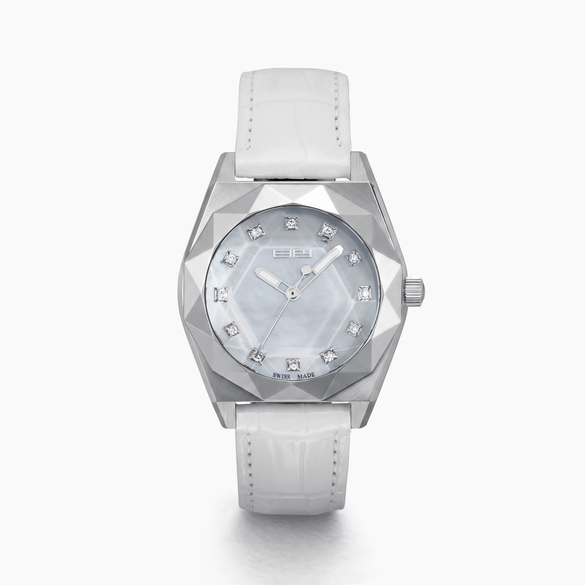 Experience the elegance of the 36MM White Dial Swiss Made Titanium Watch with Diamonds, showcasing a faceted silver titanium case, white mother-of-pearl dial adorned with sparkling diamond hour markers, and a pristine white leather strap—all beautifully presented against a plain white background.