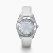 Experience the elegance of the 36MM White Dial Swiss Made Titanium Watch with Diamonds, showcasing a faceted silver titanium case, white mother-of-pearl dial adorned with sparkling diamond hour markers, and a pristine white leather strap—all beautifully presented against a plain white background.