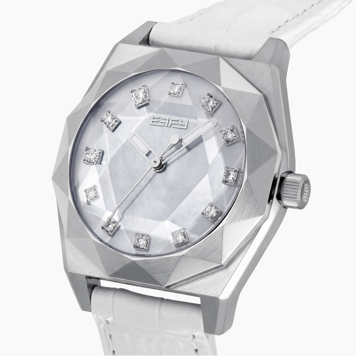 Experience the elegance of the 36MM White Dial Swiss Made Titanium Watch with Diamonds, showcasing a faceted silver titanium case, white mother-of-pearl dial adorned with sparkling diamond hour markers, and a pristine white leather strap—all beautifully presented against a plain white background.