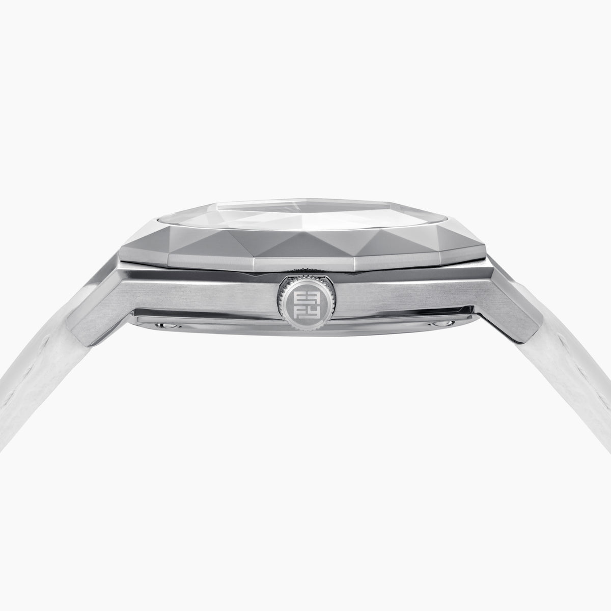 Experience the elegance of the 36MM White Dial Swiss Made Titanium Watch with Diamonds, showcasing a faceted silver titanium case, white mother-of-pearl dial adorned with sparkling diamond hour markers, and a pristine white leather strap—all beautifully presented against a plain white background.