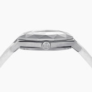 Experience the elegance of the 36MM White Dial Swiss Made Titanium Watch with Diamonds, showcasing a faceted silver titanium case, white mother-of-pearl dial adorned with sparkling diamond hour markers, and a pristine white leather strap—all beautifully presented against a plain white background.