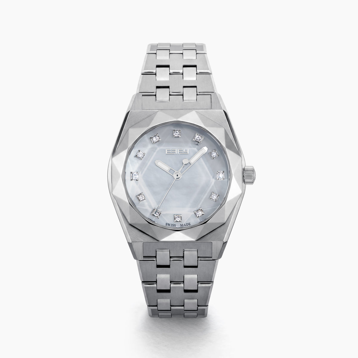 A Swiss made timepiece, the 36MM Titanium Watch with Diamonds showcases a silver geometric metal band and a faceted bezel, complemented by a light blue mother-of-pearl dial accented with diamond hour markers.