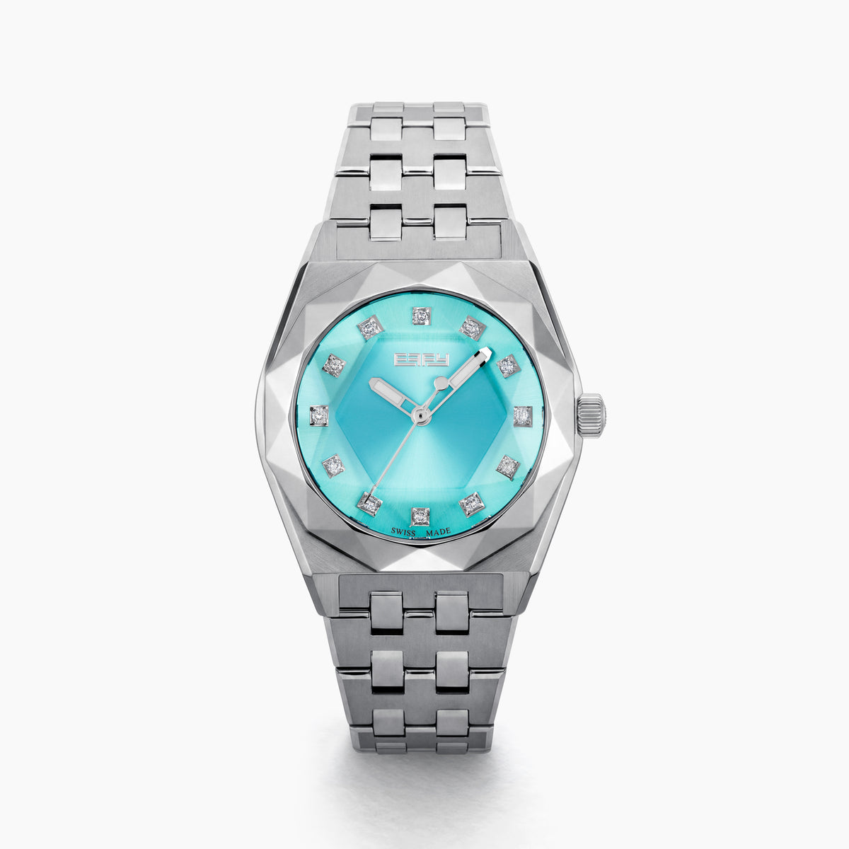 Introducing the 36MM Blue Dial Swiss Made Titanium Watch with Diamonds, featuring a sleek titanium strap, an eye-catching turquoise blue dial, silver hour markers, and dazzling diamond accents at each hour position. This exquisite timepiece captures the refined elegance of Swiss craftsmanship and is beautifully displayed on a white background.