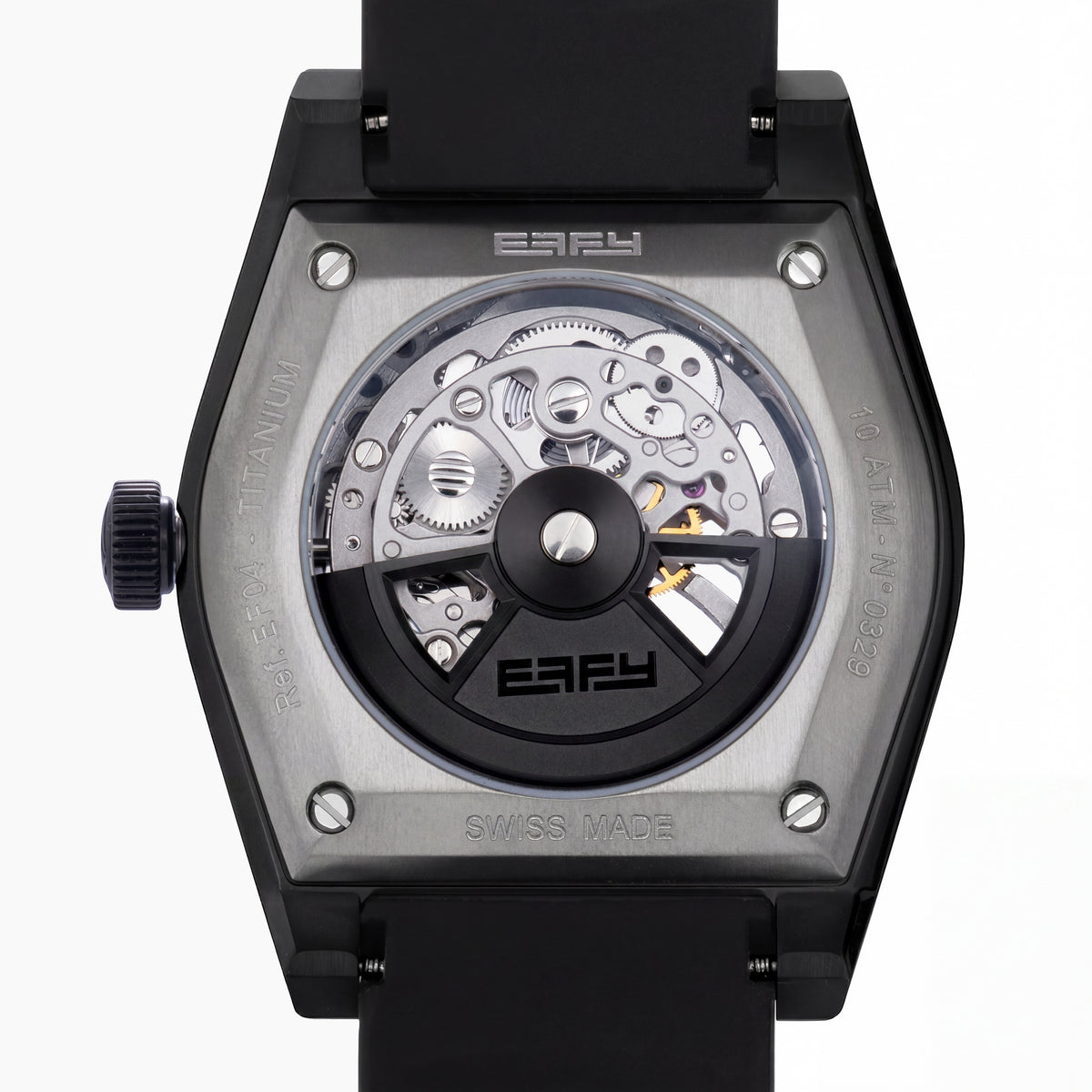 Experience the exceptional craftsmanship of Swiss made watches with the 42MM Swiss Made Black PVD Titanium and Silicone Automatic Skeleton Watch, featuring a geometric-patterned black titanium case, a transparent skeleton dial showcasing intricate inner gears, and a sleek black silicone strap—all elegantly presented against a white background.