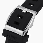 Experience the exceptional craftsmanship of Swiss made watches with the 42MM Swiss Made Black PVD Titanium and Silicone Automatic Skeleton Watch, featuring a geometric-patterned black titanium case, a transparent skeleton dial showcasing intricate inner gears, and a sleek black silicone strap—all elegantly presented against a white background.