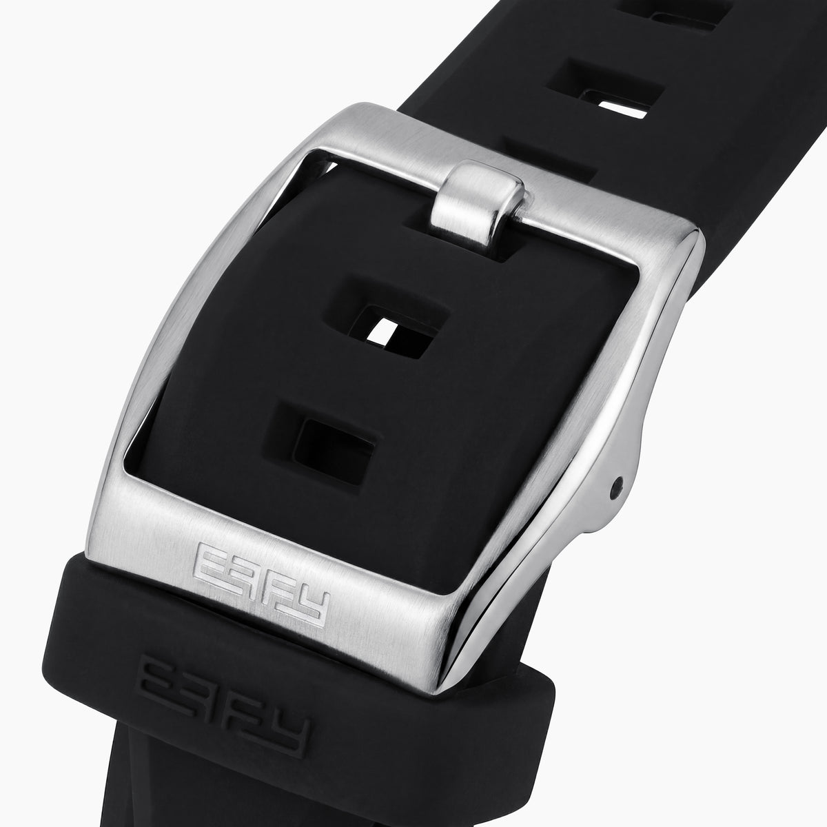 Experience the exceptional craftsmanship of Swiss made watches with the 42MM Swiss Made Black PVD Titanium and Silicone Automatic Skeleton Watch, featuring a geometric-patterned black titanium case, a transparent skeleton dial showcasing intricate inner gears, and a sleek black silicone strap—all elegantly presented against a white background.