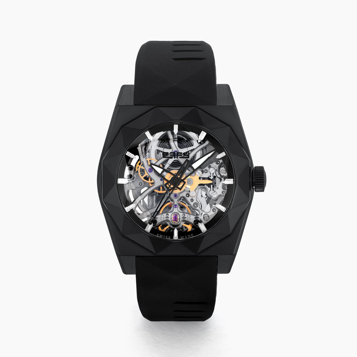 Experience the exceptional craftsmanship of Swiss made watches with the 42MM Swiss Made Black PVD Titanium and Silicone Automatic Skeleton Watch, featuring a geometric-patterned black titanium case, a transparent skeleton dial showcasing intricate inner gears, and a sleek black silicone strap—all elegantly presented against a white background.