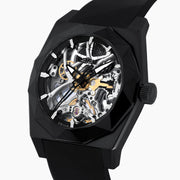 Experience the exceptional craftsmanship of Swiss made watches with the 42MM Swiss Made Black PVD Titanium and Silicone Automatic Skeleton Watch, featuring a geometric-patterned black titanium case, a transparent skeleton dial showcasing intricate inner gears, and a sleek black silicone strap—all elegantly presented against a white background.