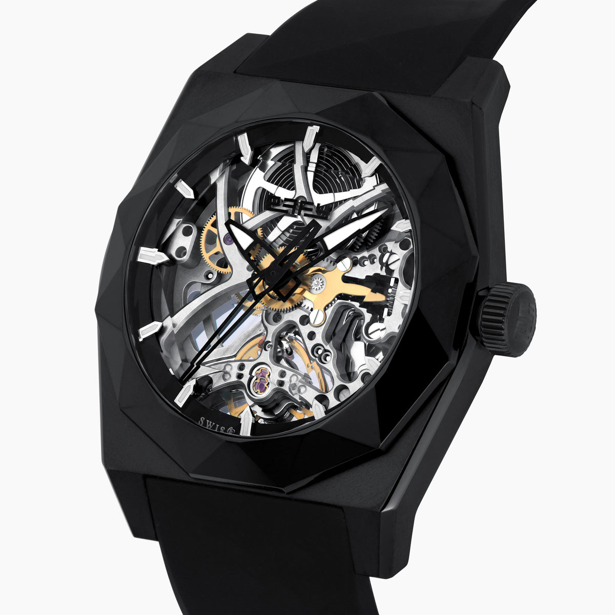 Experience the exceptional craftsmanship of Swiss made watches with the 42MM Swiss Made Black PVD Titanium and Silicone Automatic Skeleton Watch, featuring a geometric-patterned black titanium case, a transparent skeleton dial showcasing intricate inner gears, and a sleek black silicone strap—all elegantly presented against a white background.