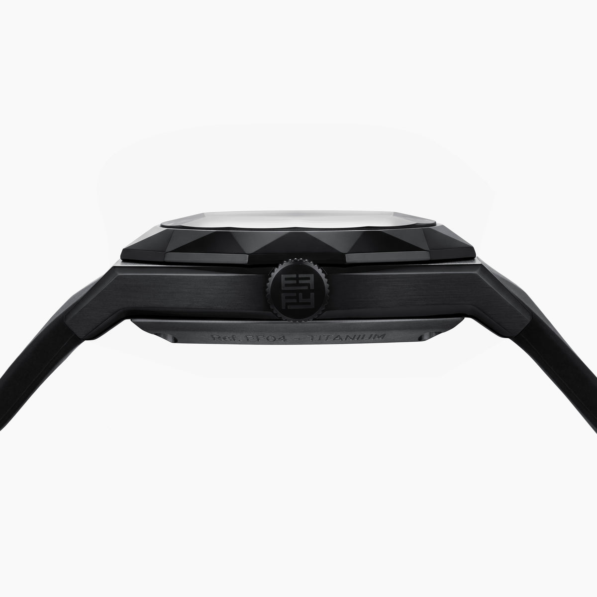 Experience the exceptional craftsmanship of Swiss made watches with the 42MM Swiss Made Black PVD Titanium and Silicone Automatic Skeleton Watch, featuring a geometric-patterned black titanium case, a transparent skeleton dial showcasing intricate inner gears, and a sleek black silicone strap—all elegantly presented against a white background.