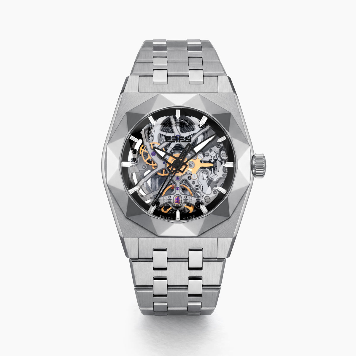 A 42MM Swiss made titanium automatic skeleton watch featuring a geometric bezel that reveals intricate gears and movements beneath the dial, complemented by a metal link bracelet.