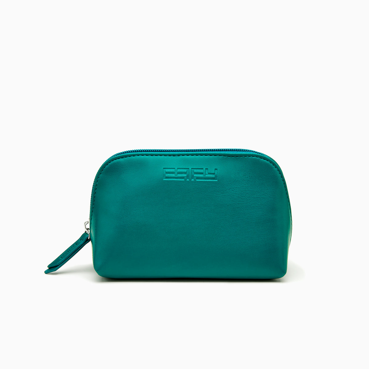 The Effy 2-Piece Travel Pouch set—two teal vegan leather pouches (one large, one small) with embossed logos—is displayed on a white drawstring bag with a matching logo, all set against a plain white background.