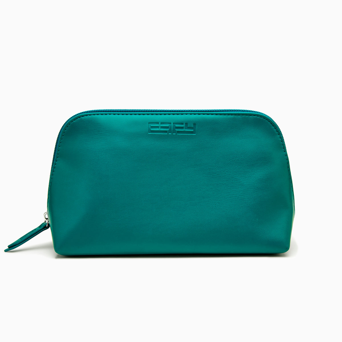 The Effy 2-Piece Travel Pouch set—two teal vegan leather pouches (one large, one small) with embossed logos—is displayed on a white drawstring bag with a matching logo, all set against a plain white background.