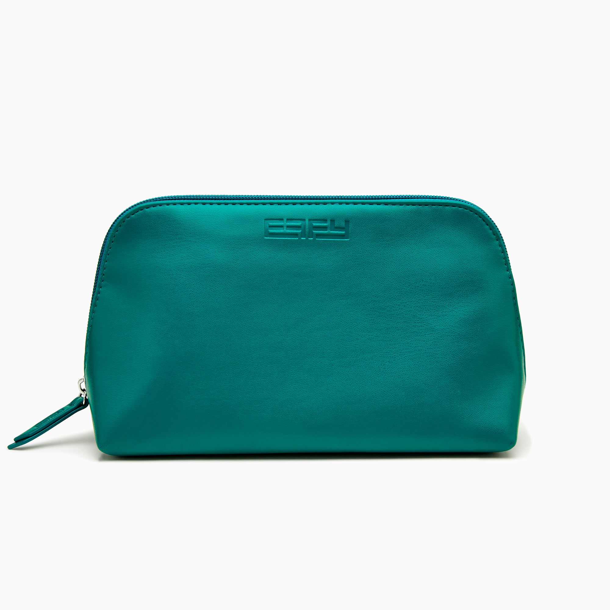 The Effy 2-Piece Travel Pouch set—two teal vegan leather pouches (one large, one small) with embossed logos—is displayed on a white drawstring bag with a matching logo, all set against a plain white background.