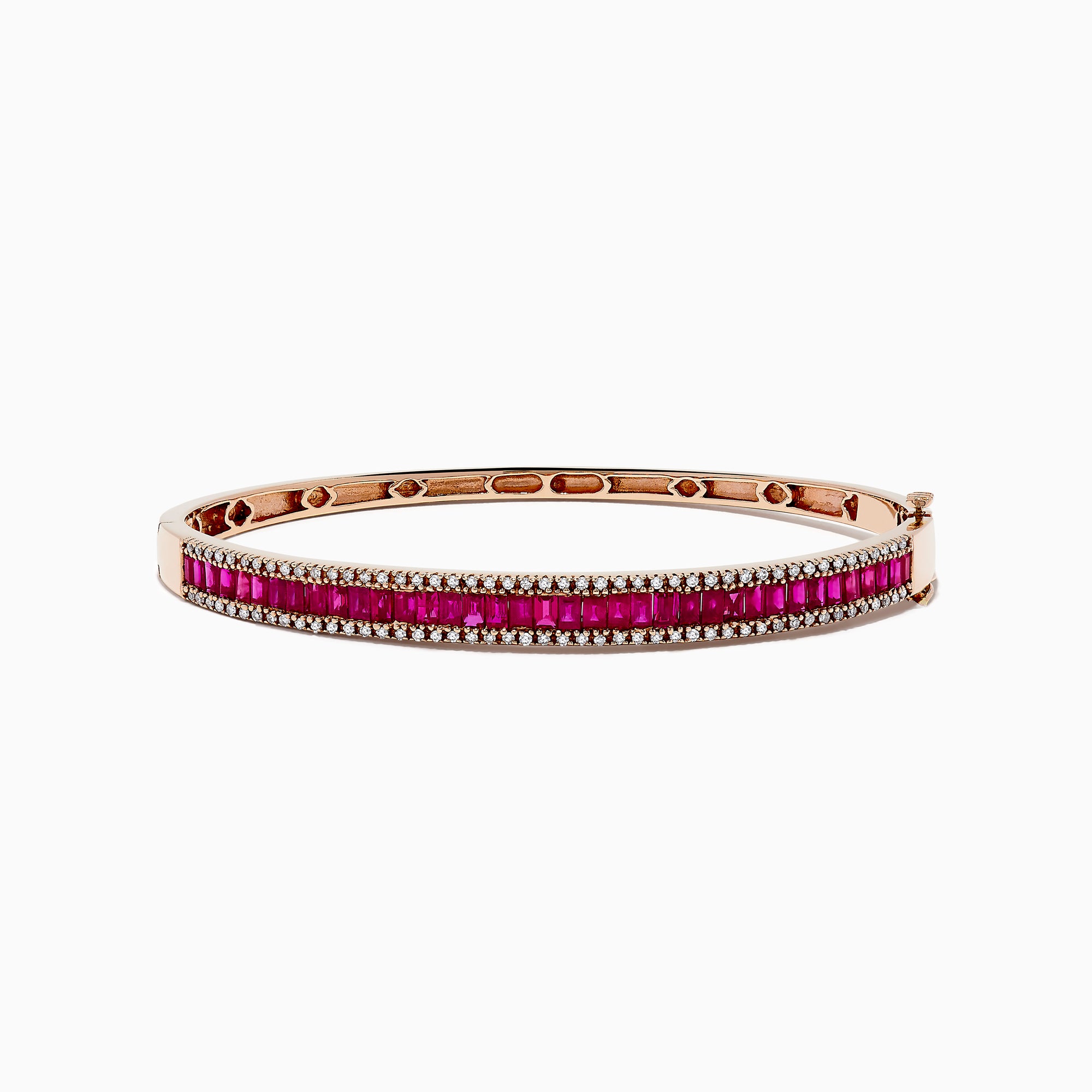 The Ruby Royale 14K Rose Gold Ruby and Diamond Bangle, 3.93 TCW, features a central row of rectangular red rubies flanked by two rows of sparkling diamonds, shown on a white background.