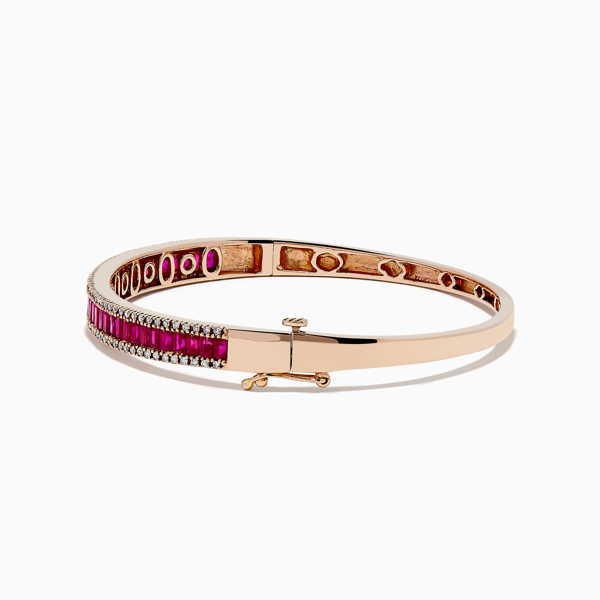 The Ruby Royale 14K Rose Gold Ruby and Diamond Bangle, 3.93 TCW, features a central row of rectangular red rubies flanked by two rows of sparkling diamonds, shown on a white background.