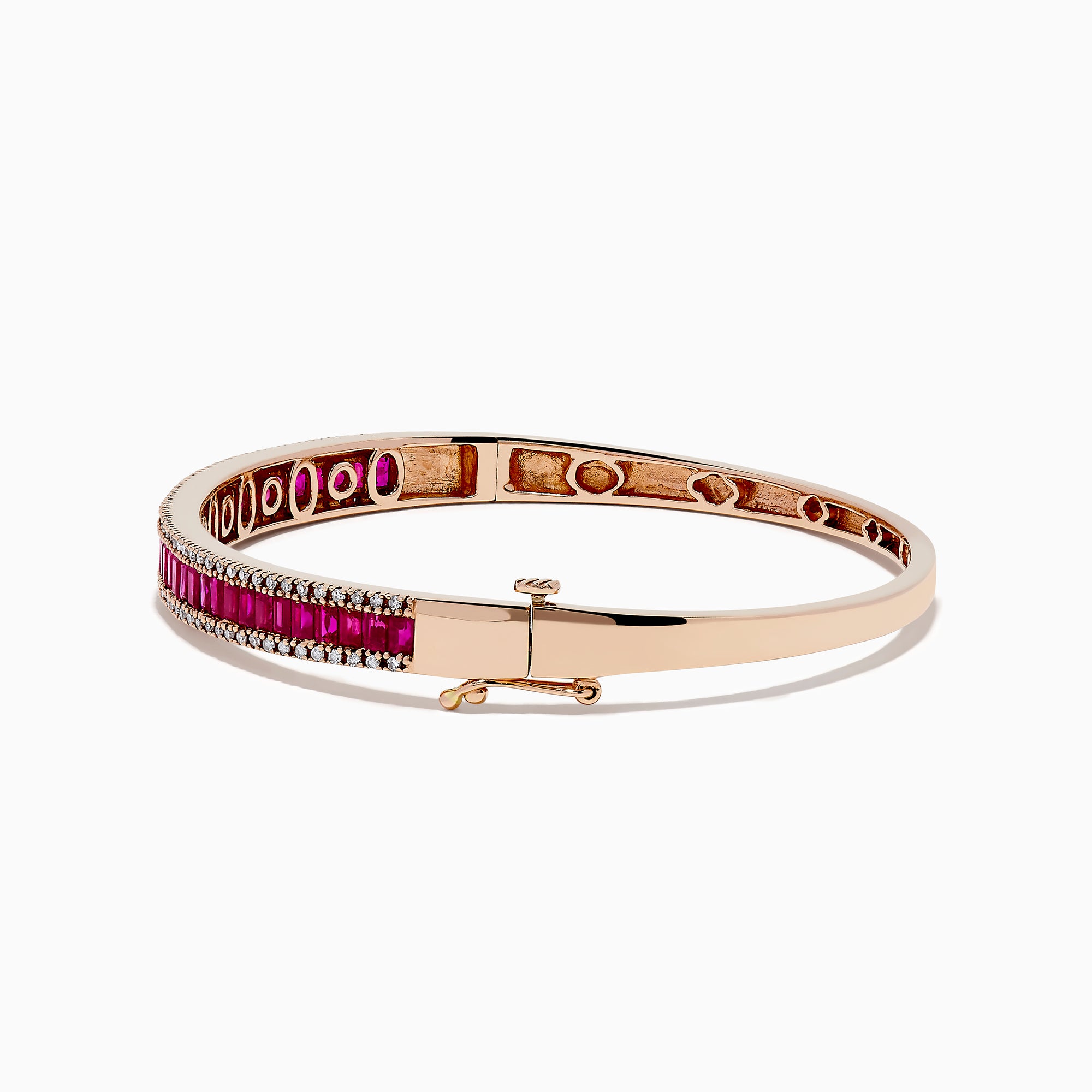 The Ruby Royale 14K Rose Gold Ruby and Diamond Bangle, 3.93 TCW, features a central row of rectangular red rubies flanked by two rows of sparkling diamonds, shown on a white background.