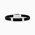 The Mens Sterling Silver and Leather Onyx Bracelet, 12.50 TCW, features a black braided leather band with a rectangular black and silver metal plate and sterling silver clasp, shown on a white background.