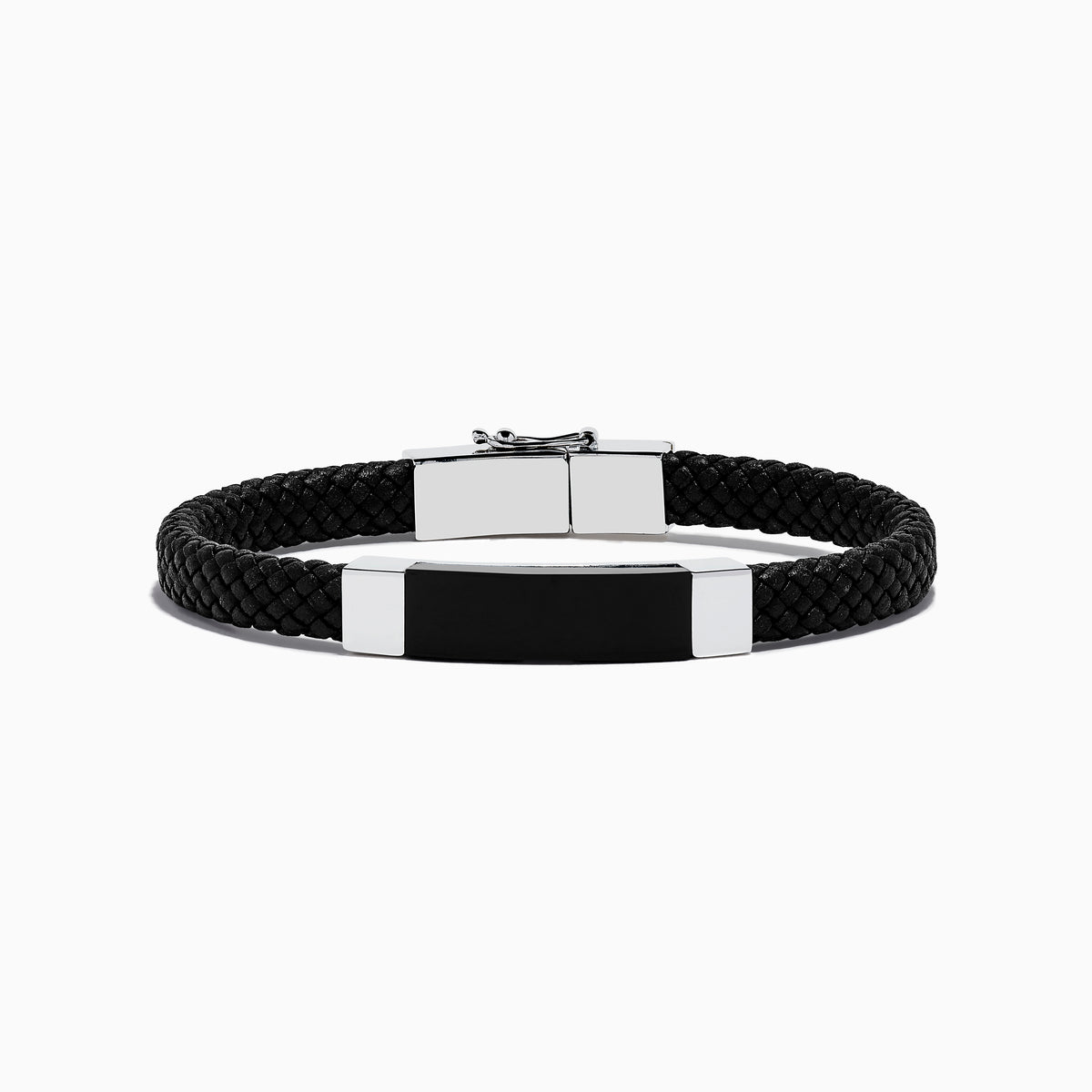 The Mens Sterling Silver and Leather Onyx Bracelet, 12.50 TCW, features a black braided leather band with a rectangular black and silver metal plate and sterling silver clasp, shown on a white background.