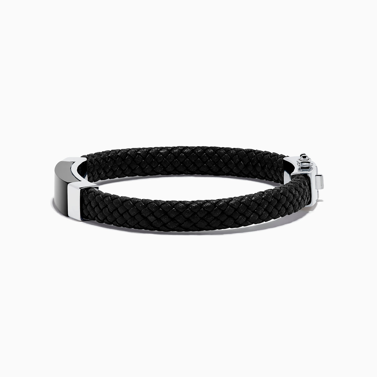 The Mens Sterling Silver and Leather Onyx Bracelet, 12.50 TCW, features a black braided leather band with a rectangular black and silver metal plate and sterling silver clasp, shown on a white background.