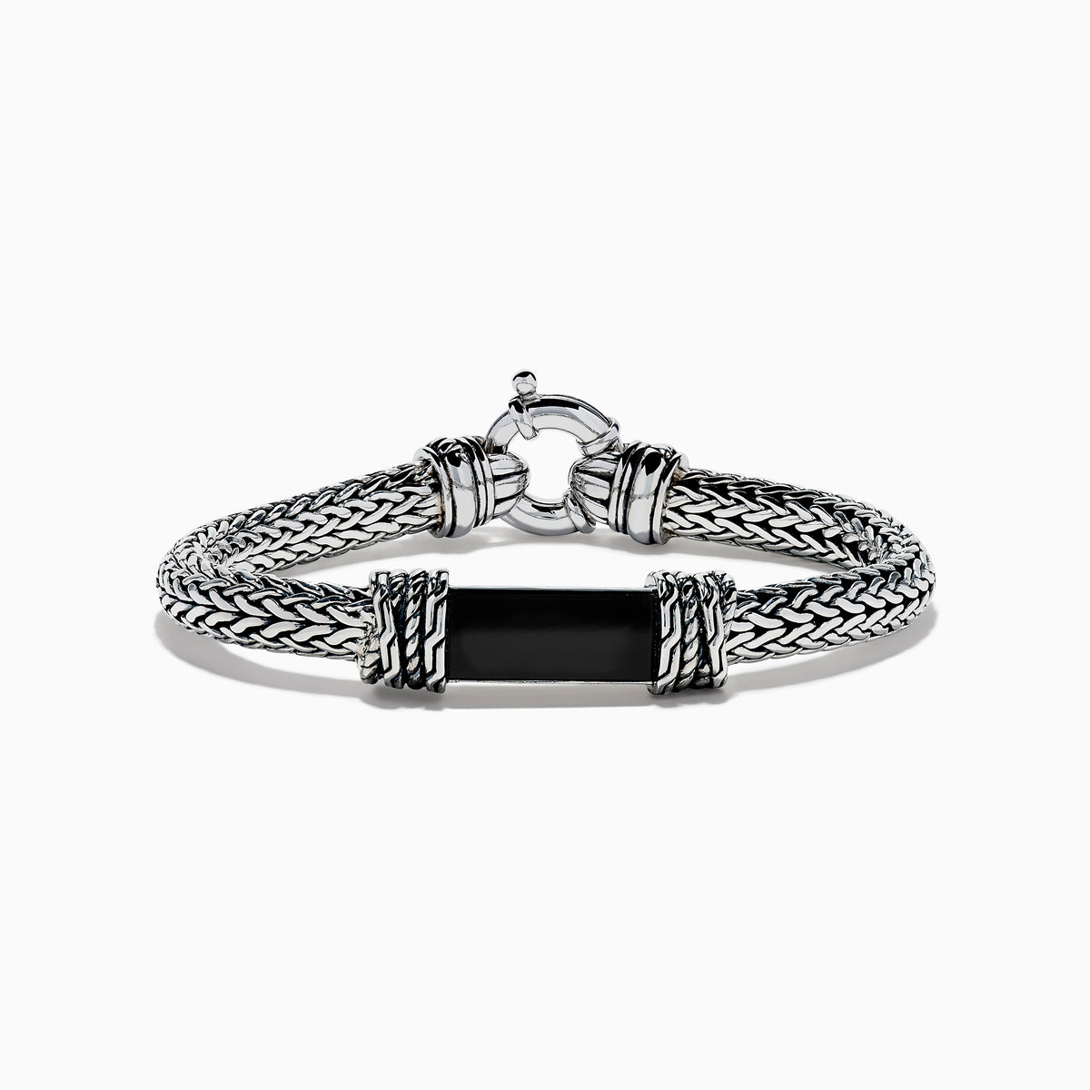 The Men's 925 Sterling Silver Braided Chain Onyx Bracelet 5.0 TCW features a braided silver band with a rectangular black onyx centerpiece, decorative metal accents, and a round clasp, shown on a white background.