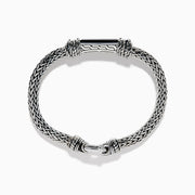 The Men's 925 Sterling Silver Braided Chain Onyx Bracelet 5.0 TCW features a braided silver band with a rectangular black onyx centerpiece, decorative metal accents, and a round clasp, shown on a white background.