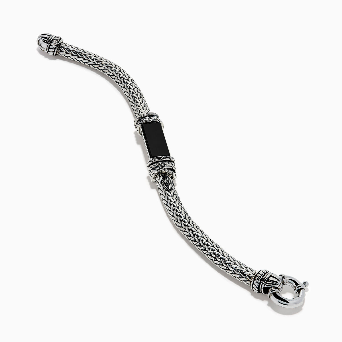 The Men's 925 Sterling Silver Braided Chain Onyx Bracelet 5.0 TCW features a braided silver band with a rectangular black onyx centerpiece, decorative metal accents, and a round clasp, shown on a white background.