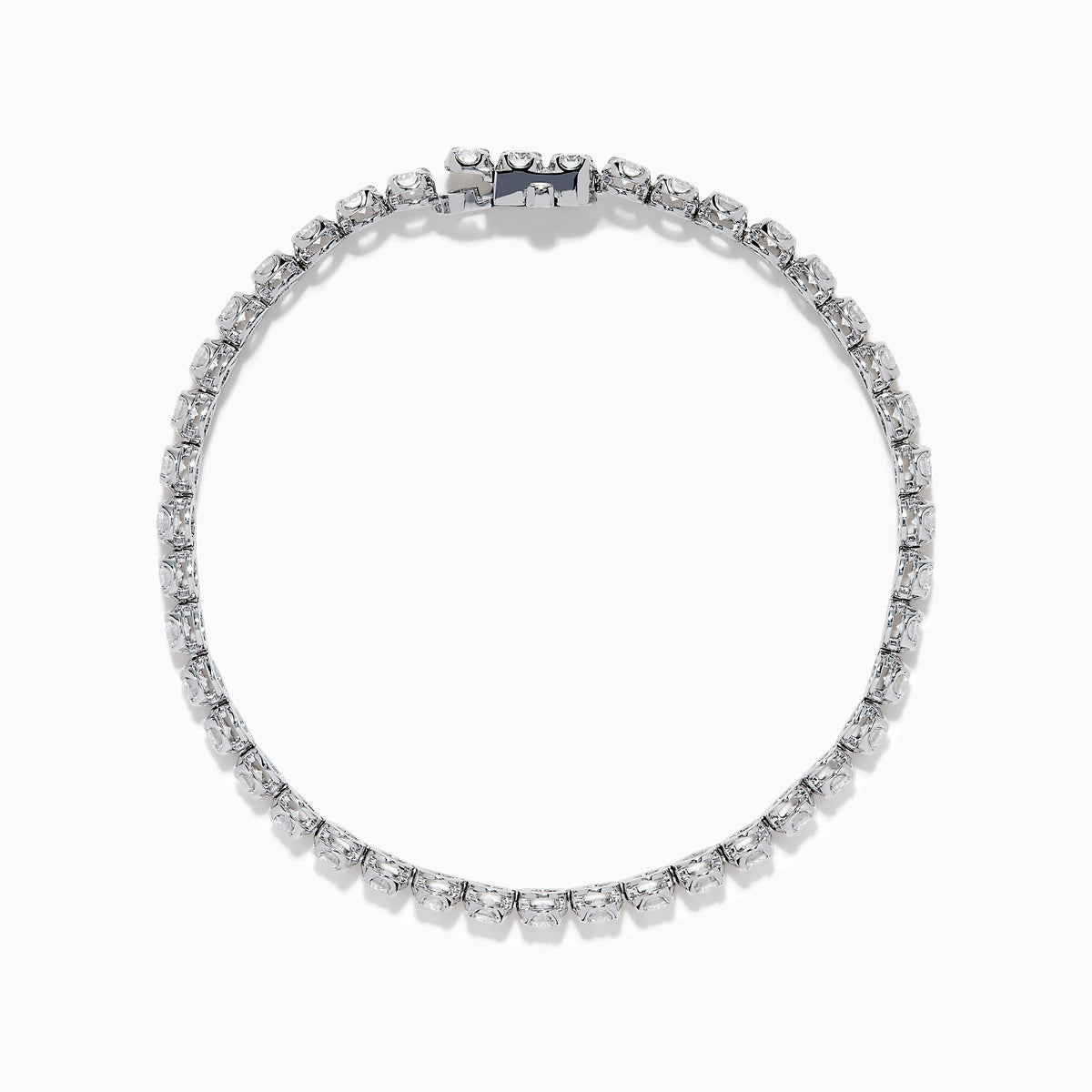 The Lab Grown Round Diamond 5.00ct Cupcake Setting Tennis Bracelet in 14K White Gold features a slender band adorned with a continuous row of sparkling lab grown diamonds.